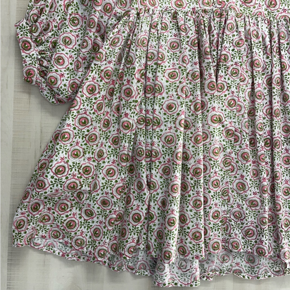 block print handmade India printed floral dress M Etsy pink green - Picture 2 of 8